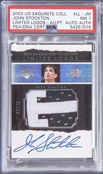 2003-04 UD "Exquisite Collection" Limited Logos #LL-JM John Stockton Signed Patch Card (#52/75) - PSA NM 7, PSA/DNA AUTHENTIC